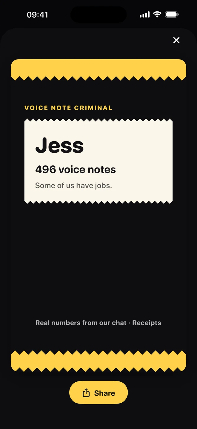 Share card: Voice Note Criminal, Jess, 496 voice notes